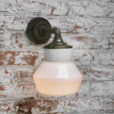 Vintage White Opaline Milk Glass, Brass & Cast Iron Sconce-BLS-967225