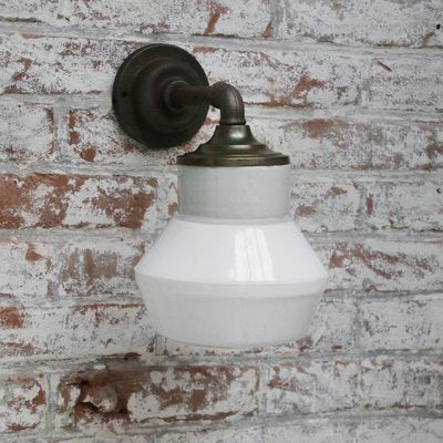 Vintage White Opaline Milk Glass, Brass & Cast Iron Sconce-BLS-967225