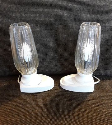 Vintage White Plastic Bedside Lamps with Clear Relief Glass Screen, 1980s, Set of 2-HOI-1279218