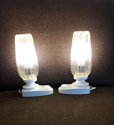 Vintage White Plastic Bedside Lamps with Clear Relief Glass Screen, 1980s, Set of 2-HOI-1279218