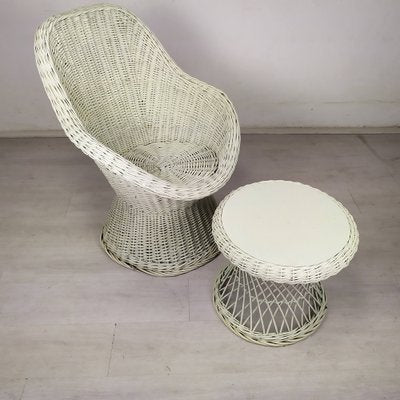 Vintage White Rattan Armchair and Table, Set of 2-EAD-1324075