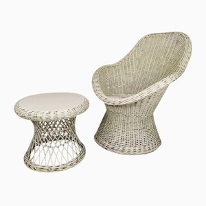 Vintage White Rattan Armchair and Table, Set of 2-EAD-1324075