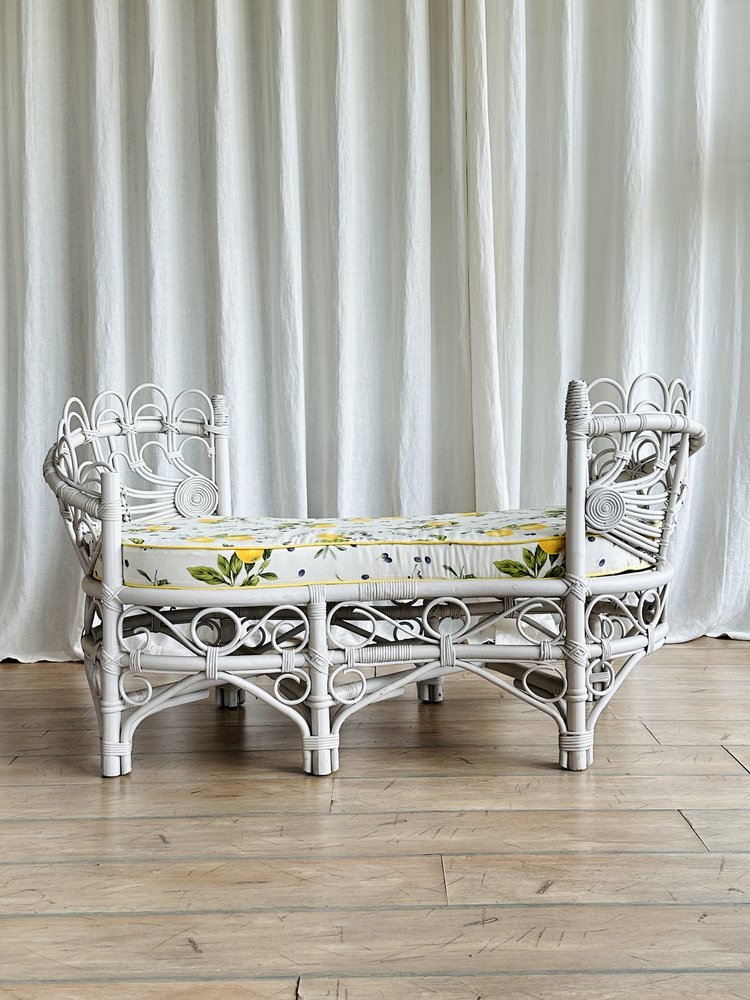 Vintage White Rattan Loveseat Tête-À-Tête with Lemon Print Upholstery, 1960s