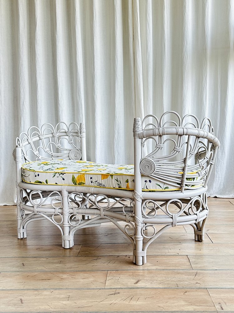 Vintage White Rattan Loveseat Tête-À-Tête with Lemon Print Upholstery, 1960s