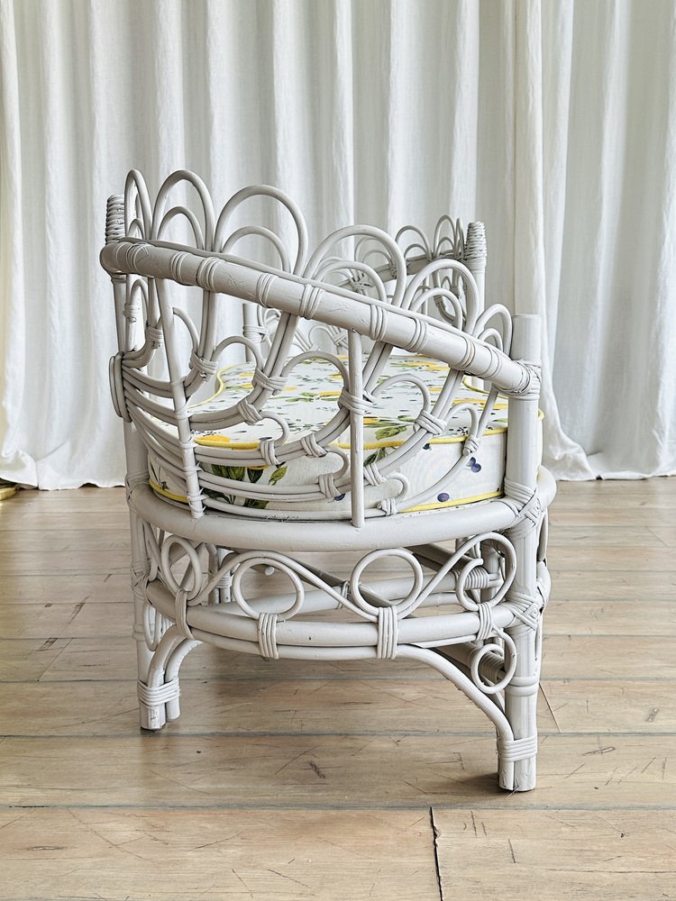 Vintage White Rattan Loveseat Tête-À-Tête with Lemon Print Upholstery, 1960s