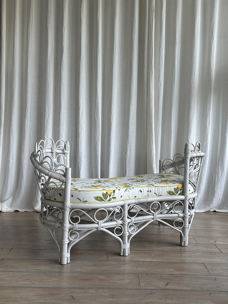 Vintage White Rattan Loveseat Tête-À-Tête with Lemon Print Upholstery, 1960s