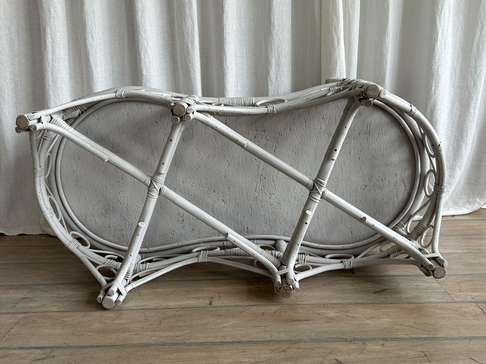 Vintage White Rattan Loveseat Tête-À-Tête with Lemon Print Upholstery, 1960s