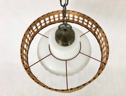 Vintage Wicker and Brass Pendant Lamp, 1970s-ZCY-1376215