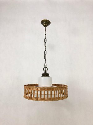 Vintage Wicker and Brass Pendant Lamp, 1970s-ZCY-1376215