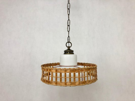 Vintage Wicker and Brass Pendant Lamp, 1970s-ZCY-1376215