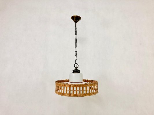 Vintage Wicker and Brass Pendant Lamp, 1970s-ZCY-1376215