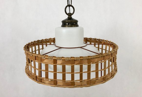 Vintage Wicker and Brass Pendant Lamp, 1970s-ZCY-1376215