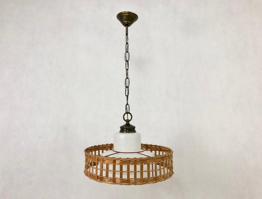 Vintage Wicker and Brass Pendant Lamp, 1970s-ZCY-1376215