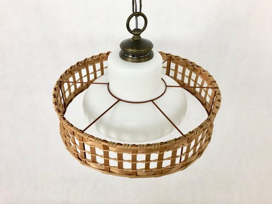 Vintage Wicker and Brass Pendant Lamp, 1970s-ZCY-1376215