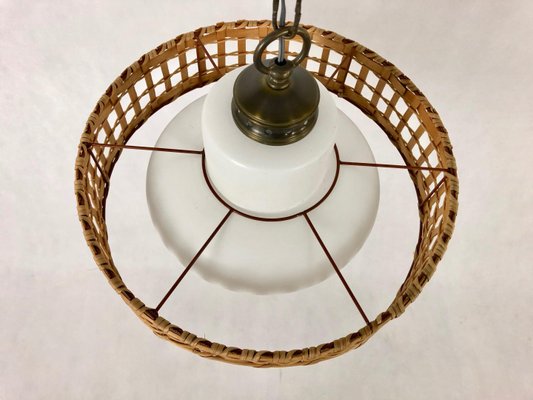 Vintage Wicker and Brass Pendant Lamp, 1970s-ZCY-1376215