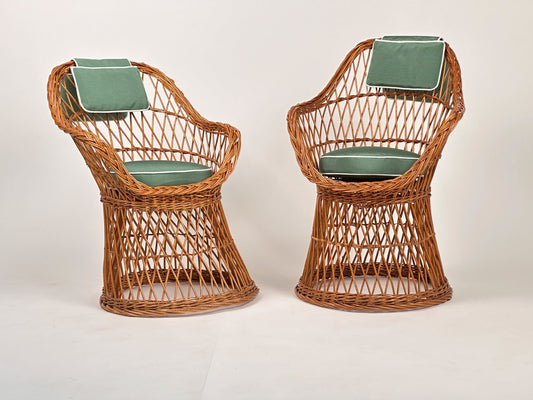 Vintage Wicker Armchairs with Cushion and Headrest, 1960s, Set of 2