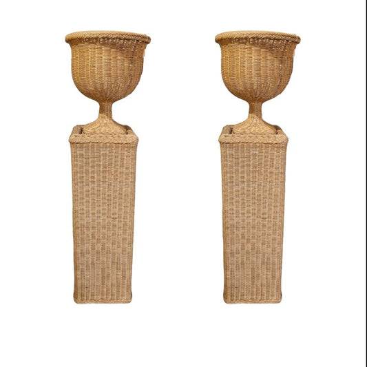 Vintage Wicker Urns with Base, Set of 2