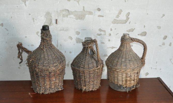 Vintage Wicker Wine Bottles, Set of 3-OXJ-628021