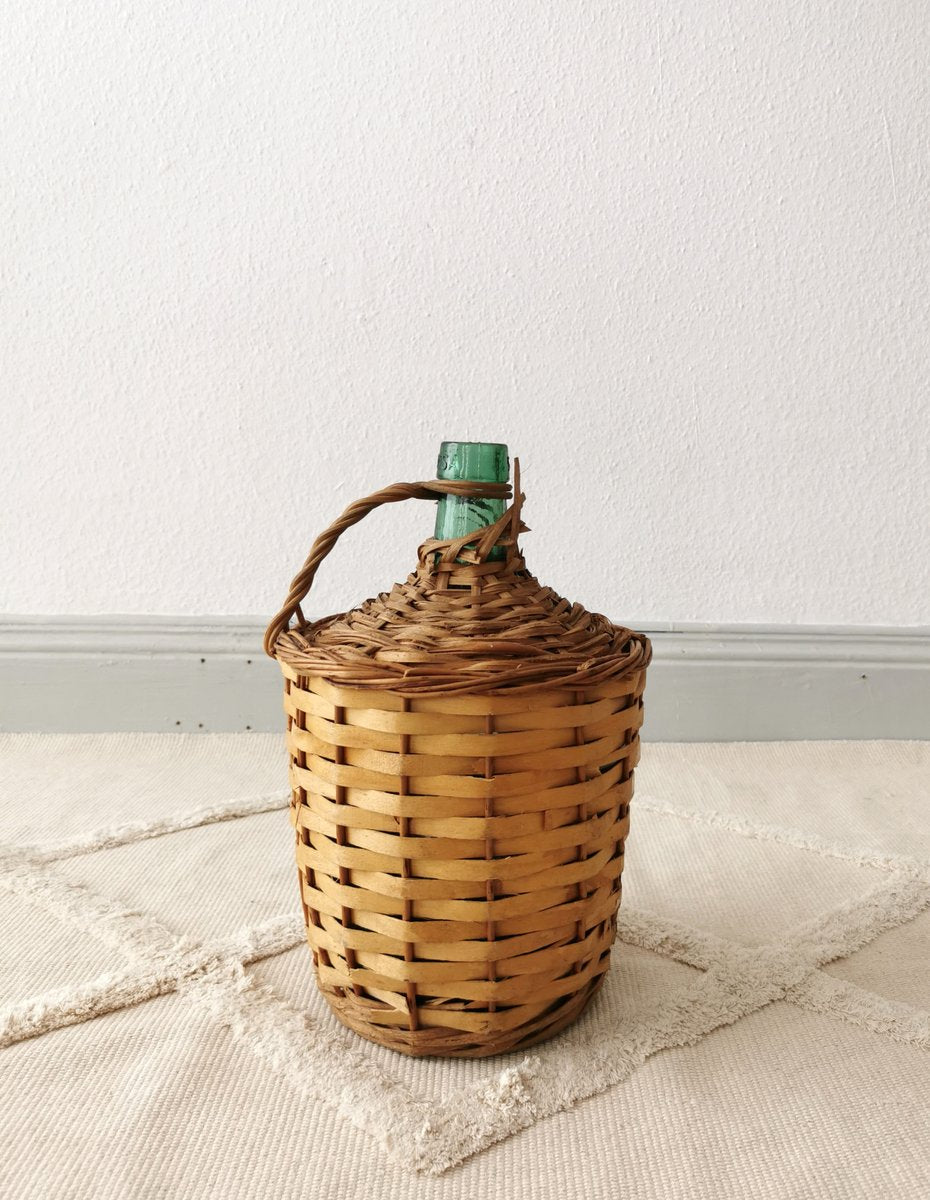 Vintage Wine Balloon with Raffia Basket by Viresa, 1950s