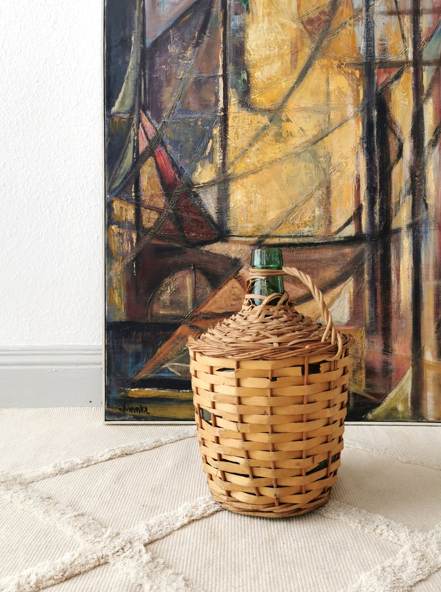 Vintage Wine Balloon with Raffia Basket by Viresa, 1950s