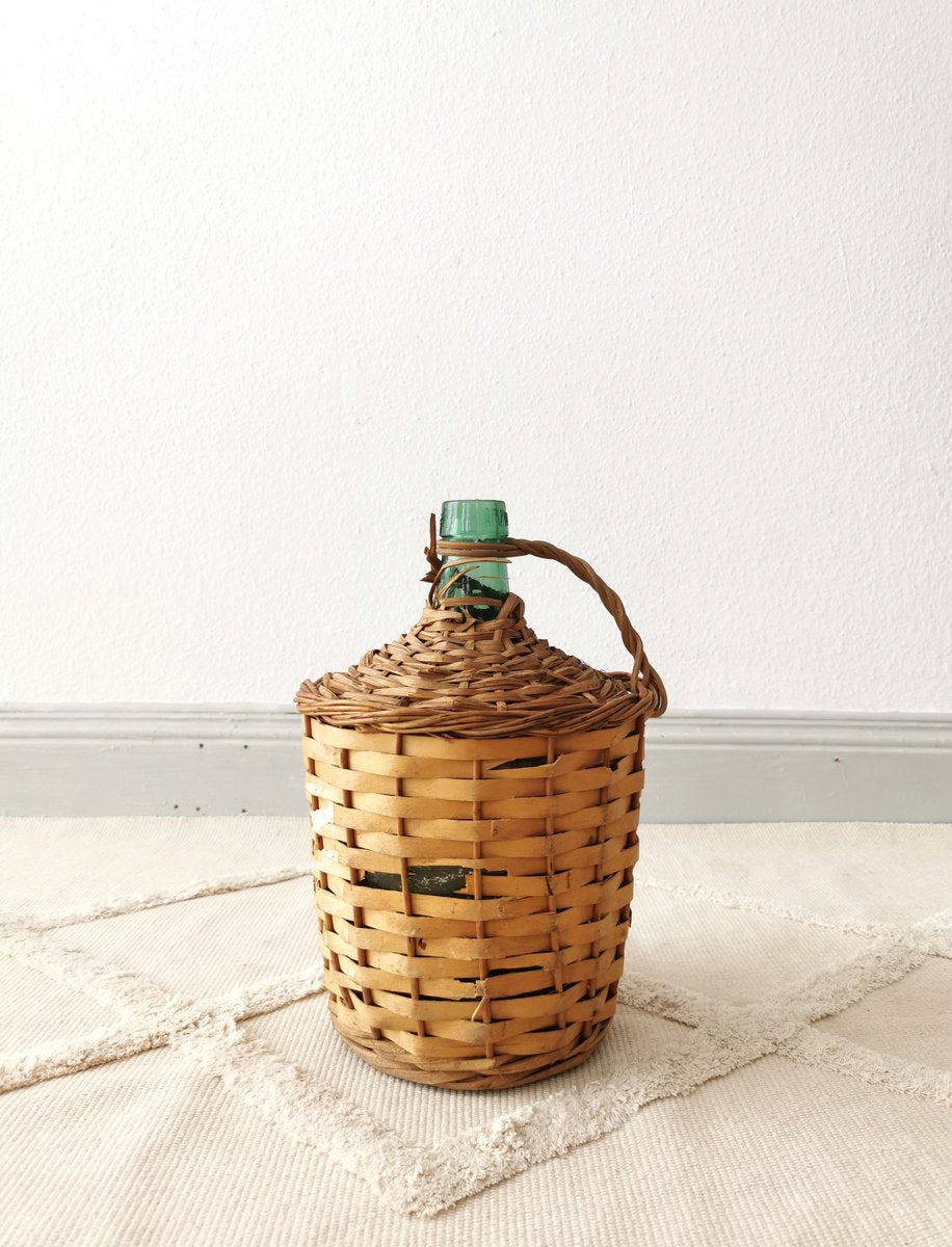 Vintage Wine Balloon with Raffia Basket by Viresa, 1950s