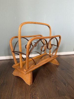 Vintage Wood and Brass Magazine Rack, 1930s-DE-694893