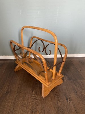 Vintage Wood and Brass Magazine Rack, 1930s-DE-694893