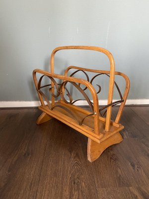 Vintage Wood and Brass Magazine Rack, 1930s-DE-694893