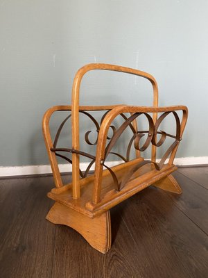 Vintage Wood and Brass Magazine Rack, 1930s-DE-694893