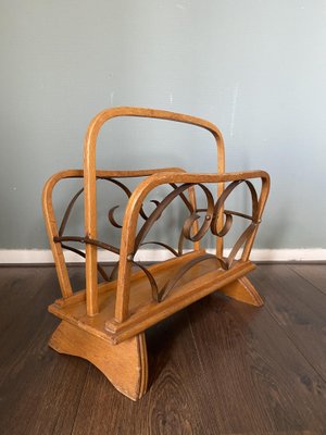 Vintage Wood and Brass Magazine Rack, 1930s-DE-694893