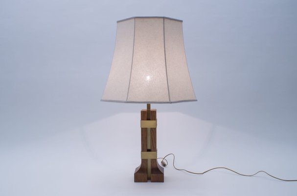 Vintage Wood and Brass Table Lamp, 1960s-KQB-686613