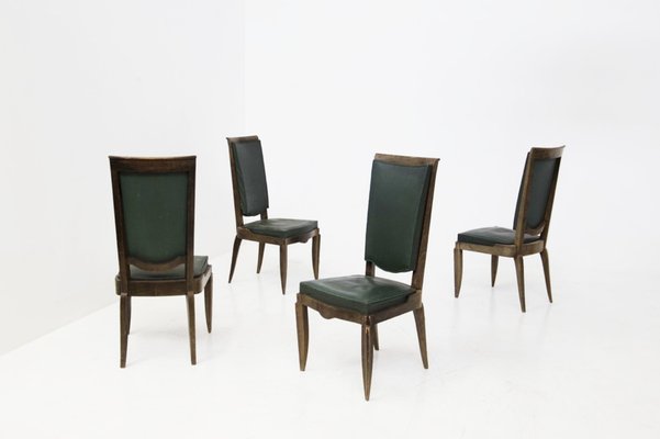 Vintage Wood and Green Leather Chairs by Jules Leleu, 1930s, Set of 4-RCE-1405490