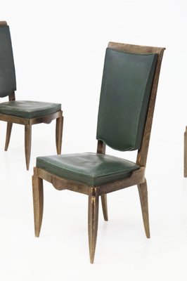 Vintage Wood and Green Leather Chairs by Jules Leleu, 1930s, Set of 4-RCE-1405490