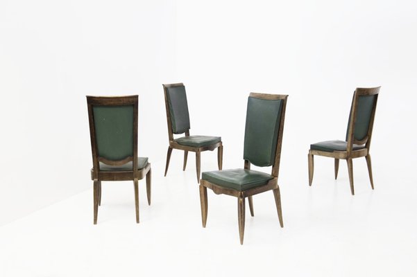 Vintage Wood and Green Leather Chairs by Jules Leleu, 1930s, Set of 4-RCE-1405490