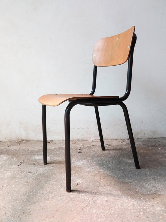 Vintage Wood and Tubular Black School Chairs, Set of 4