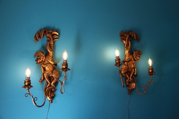 Vintage Wood Sconces Featuring Monkeys, Set of 2-YF-632727