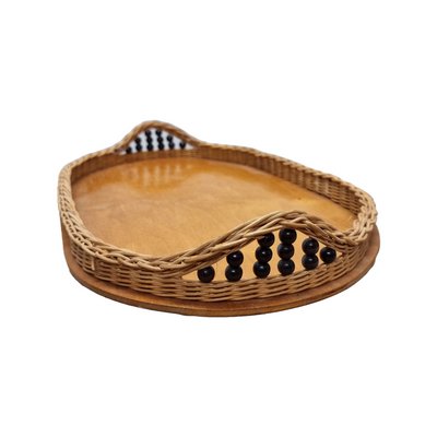 Vintage Wooden and Rattan Woven Tray, 1970s-VHW-2040590