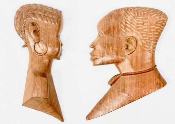 Vintage Wooden Carved African Man & Woman Wall Hanging Sculptures, Set of 2-ZCY-1812895