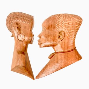 Vintage Wooden Carved African Man & Woman Wall Hanging Sculptures, Set of 2-ZCY-1812895