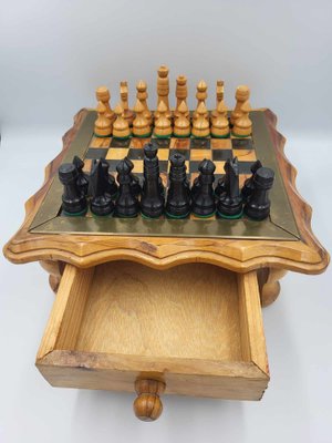 Vintage Wooden Chess Table With Chess Pieces, 1950-1960s-CAQ-1173348