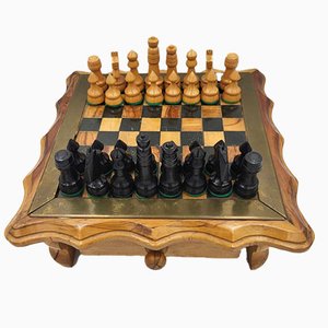 Vintage Wooden Chess Table With Chess Pieces, 1950-1960s-CAQ-1173348