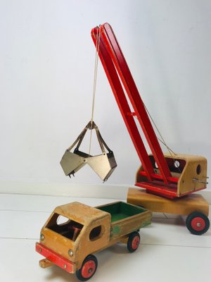 Vintage Wooden Children's Toy Crane and Truck, Set of 2-WQJ-799904