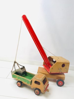 Vintage Wooden Children's Toy Crane and Truck, Set of 2-WQJ-799904