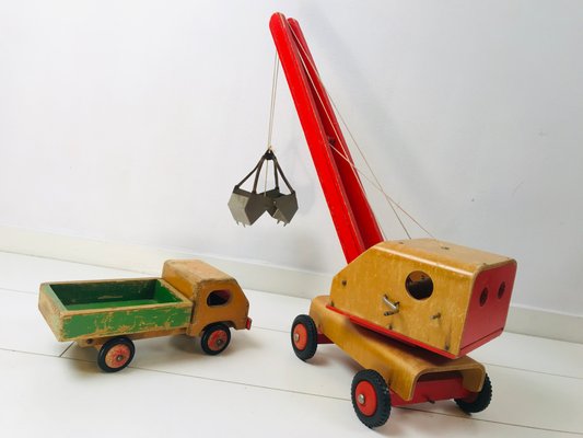 Vintage Wooden Children's Toy Crane and Truck, Set of 2-WQJ-799904