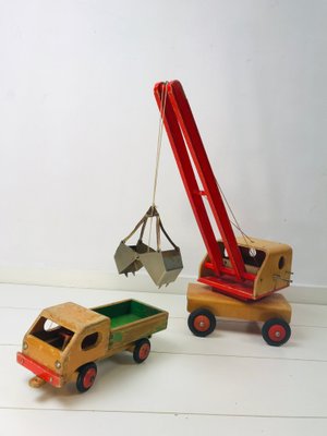 Vintage Wooden Children's Toy Crane and Truck, Set of 2-WQJ-799904