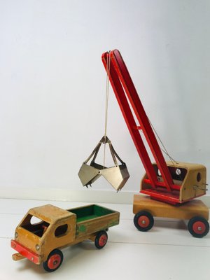 Vintage Wooden Children's Toy Crane and Truck, Set of 2-WQJ-799904