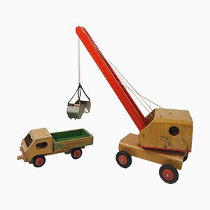 Vintage Wooden Children's Toy Crane and Truck, Set of 2-WQJ-799904