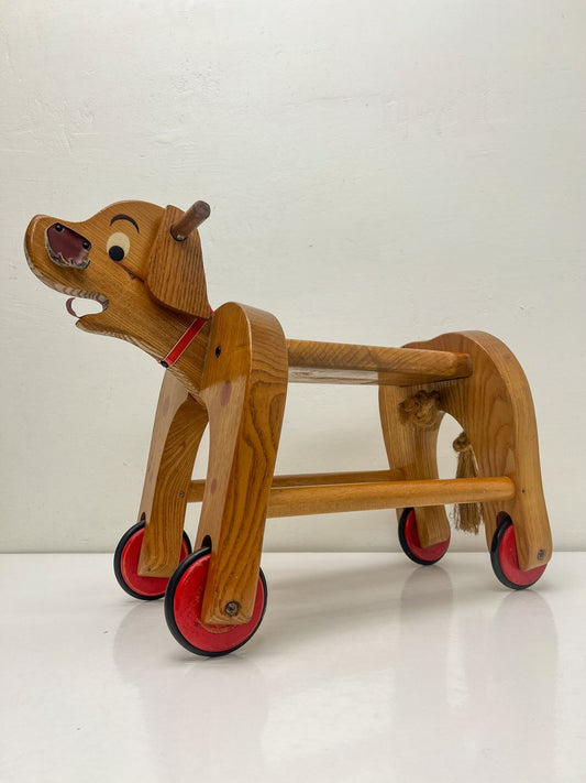 Vintage Wooden Childs Toy Dog on Wheels, 1960s