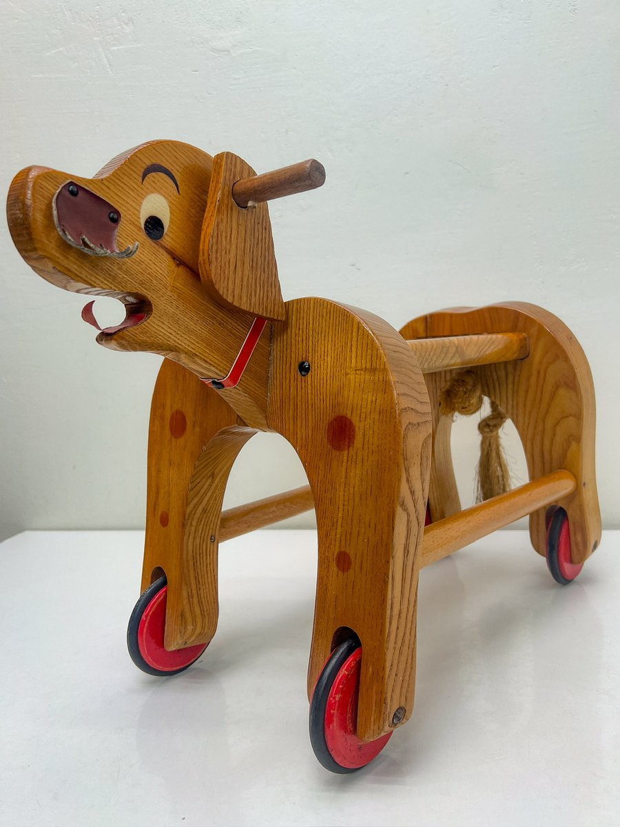 Vintage Wooden Childs Toy Dog on Wheels, 1960s