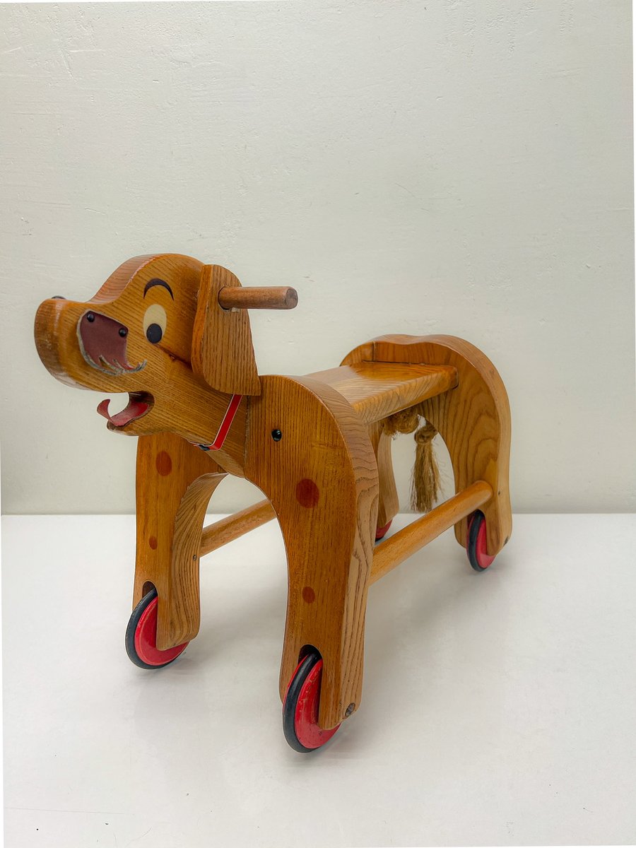 Vintage Wooden Childs Toy Dog on Wheels, 1960s